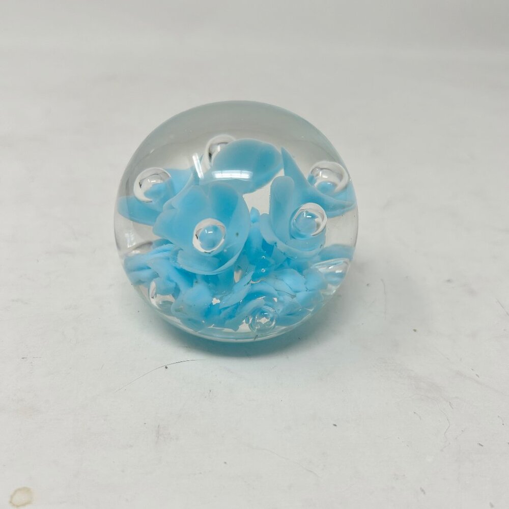 Vintage Maude & Bob St. Clair Paperweight Clear Glass Light Blue Flowers Bubbles